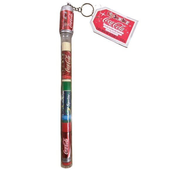 Vintage Lip Smacker COCA-COLA Trio Lip Balm Cane Keychain Gift Set BUBBLE FONT - Picture 1 of 10